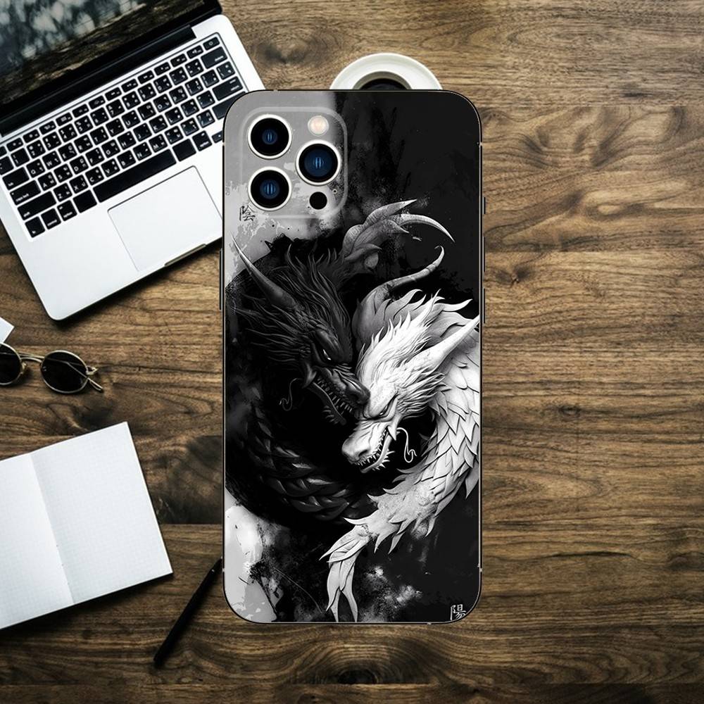 Japanese Art Dragon Yin Yang Phone Case For iPhone 16,15,14,13,12,11,XS,XR,X,8,7,Pro,Max,Plus,mini Silicone Black Cover