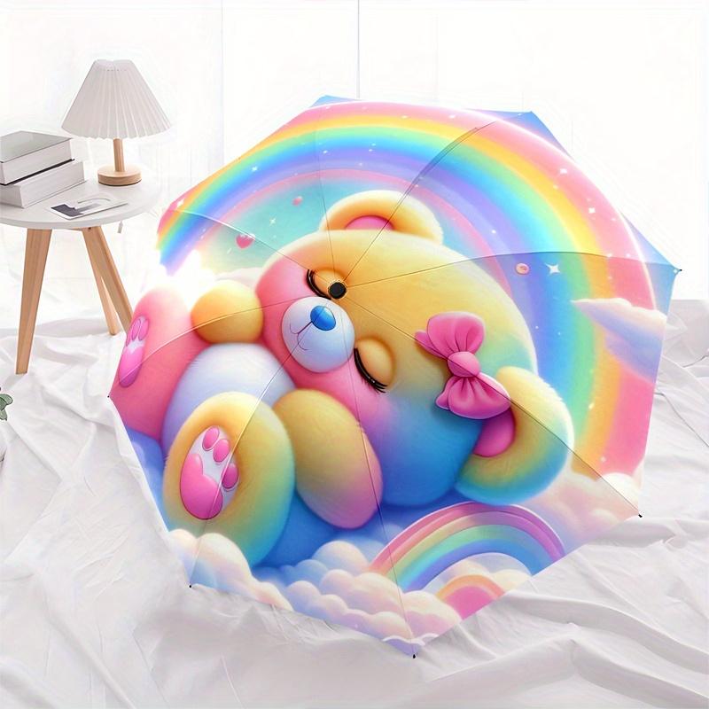 Teddy Bear,Rainbow Automatic Folding Umbrella  Simple 8 Rib Design, Bright Cartoon Pattern, Durable Iron Frame, Suitable For Travel, Outdoor