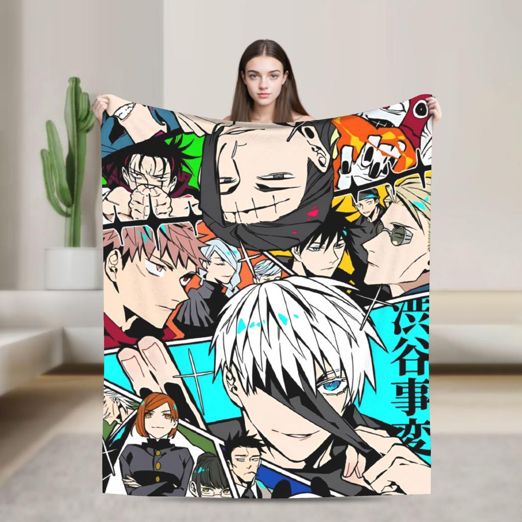 Jujutsu Kaisen Gojo Satoru Flannel Throw Blankets Anime Cool for Bedspreads Knitted Blanket Travel Lightweight Multifunction