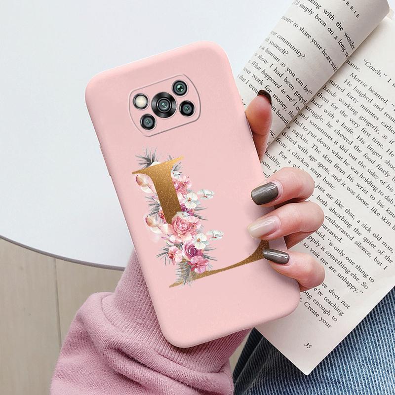 Letter Case For Poco X3 NFC PocoX3 Pro Back Cover Retro Flowers Pink Black Soft TPU Initial Fundas For Xiaomi Poco X 3 Pro Coque