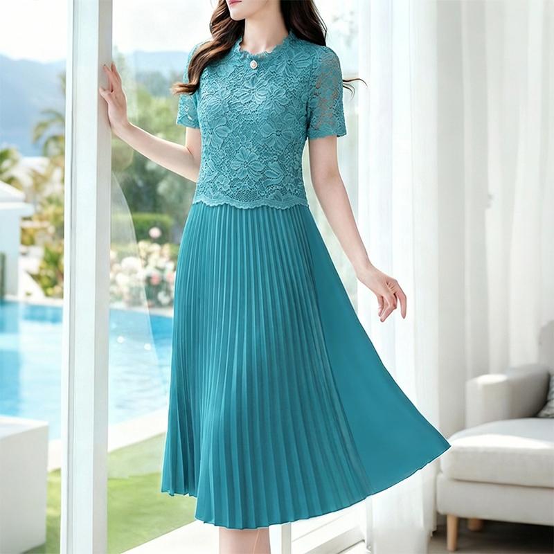 ZANZEA Women Casual Round Neck Short Sleeve Lace Patchwork Dress