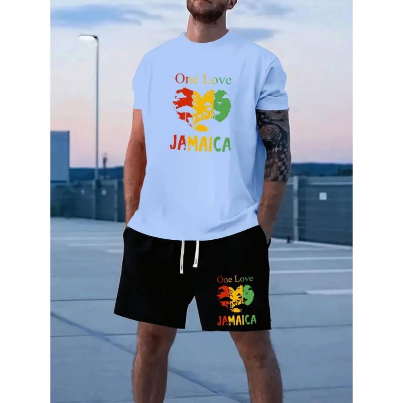 New Summer Daily Casual Men's T-shirt Outdoor Sports Men's Shorts One Love Monogram Printed Men's Short Sleeve Shorts Set