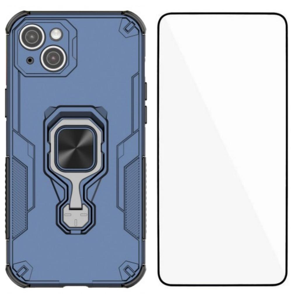 For iPhone 14 Phone Case WANLONFENG PC TPU Back Cover Kickstand with Tempered Glass