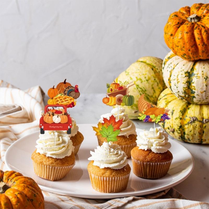 Thanksgiving Cake Inserts, Pack of 12pcs Cake Plug-in and Flag Inserts Turkey Decorations for Holiday Party Gathering