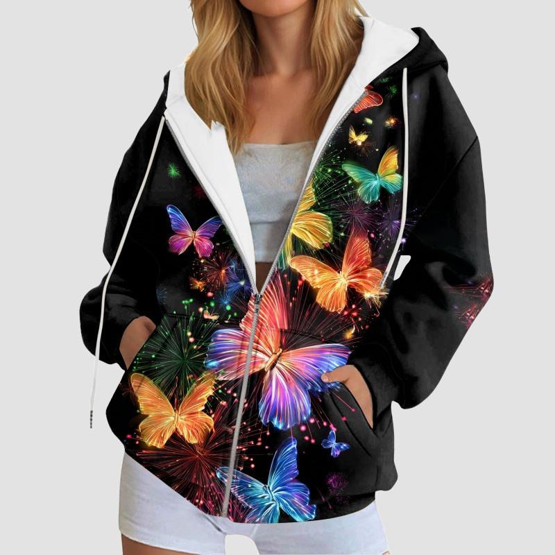 Damen Kapuzenpullover mit Schmetterlings-Grafik Herbst Reißverschluss Langarm Lockere Jacken Mäntel Streetwear Harajuku Lässige Kapuzenpullover