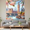 "London Big Ben and Cherry Blossoms" Patterned Tapestry Decorative Wall Hanging, Home Bedroom Living Room Decor