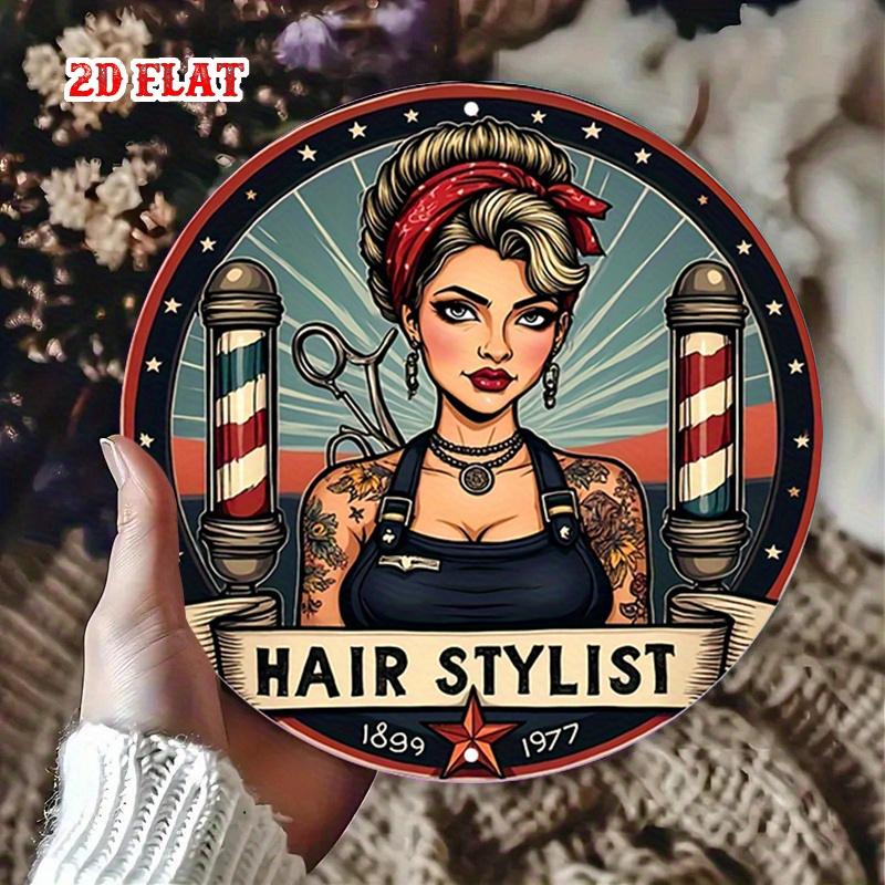 Hisun Tin Sign Vintage Pin Up Hair Stylist Barber Shop Themed Round Metal Tin Sign Retro Beauty Salon Wall Decor Art Plaque