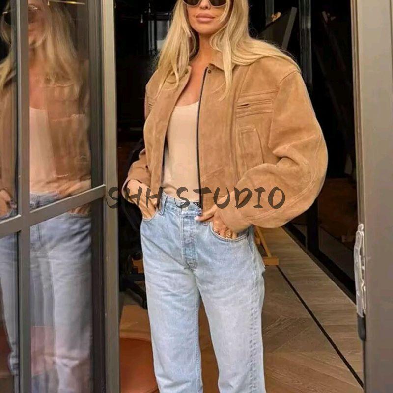 Fall Women's Clothing American Retro Sweet Cool Lapel Long Sleeves Zipper Short Work Clothes Motorcycle Jacket