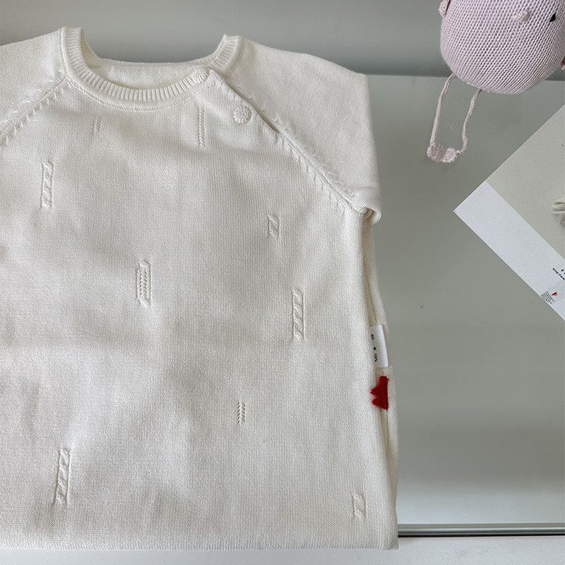 Autumn and Winter Red Flag Pattern Xinjiang Long-Staple Pure Cotton Infant and Toddler Boys and Girls Knitted Long-Sleeve Round-Neck Romper Pure White Long Sleeve Jumpsuit 73