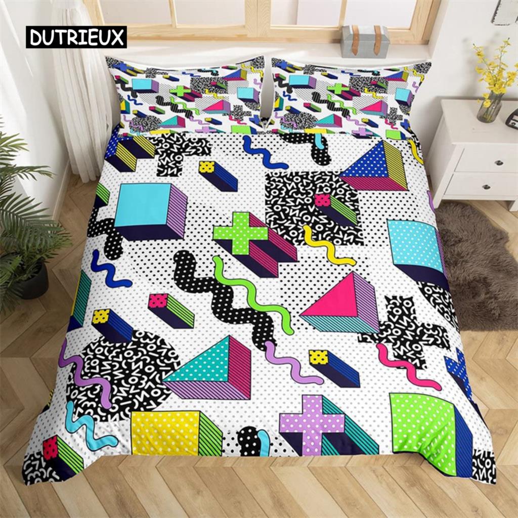 Zestaw pościeli w stylu retro lat 80. Rozmiar Twin King Wzór abstrakcyjny geometryczny Zestaw poszwy na kołdrę Mikrofibra Kołdra z kółkami i trójkątami