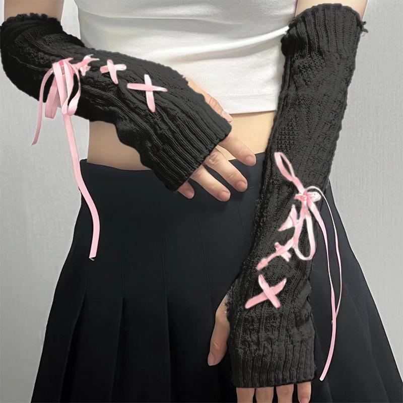

1 пара женских Y2K гетр с бантиком, мягкие вязаные перчатки, женские митенки с полупальцами, однотонные утолщенные рукава