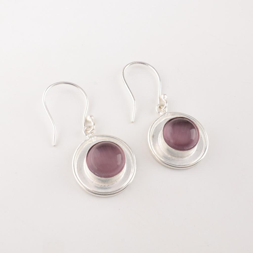 Purple Cat's Eye 925 Fine Silver Gemstone Jewelry Handmade Round Earrings 1.40" EE-4-47