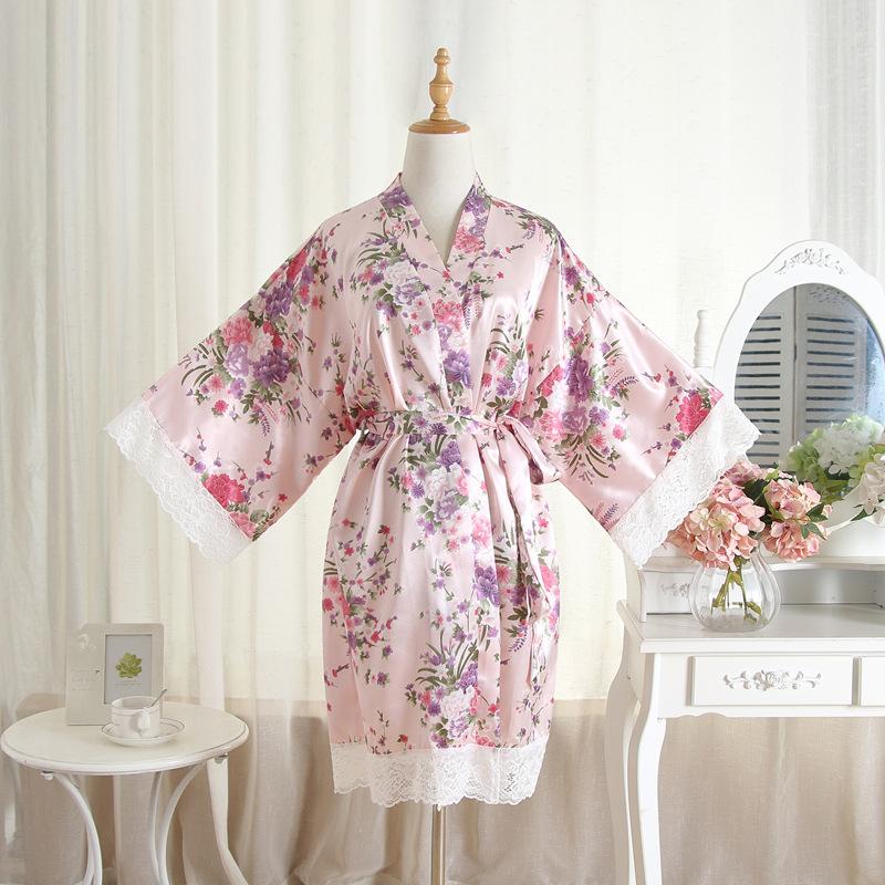 Comfortable Homewear Summer Imitation Silk Lace Floral Floral Robe Short Kimono Bathrobe Cardigan Robe Fashion Temperament Elegant