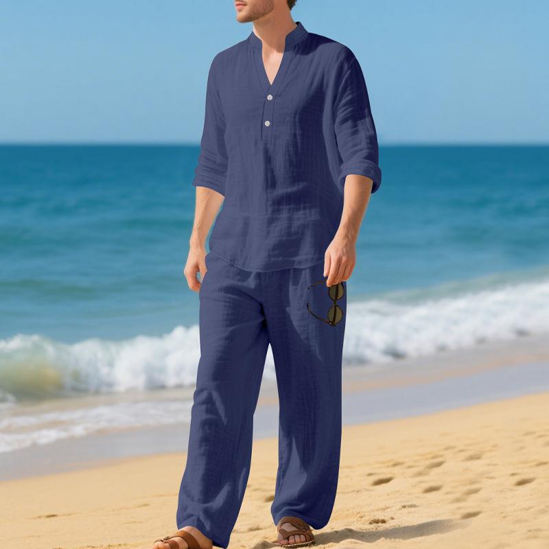 Men Loose Casual Breathable V Neck Long Sleeve Henley Shirt And Long Pants Set