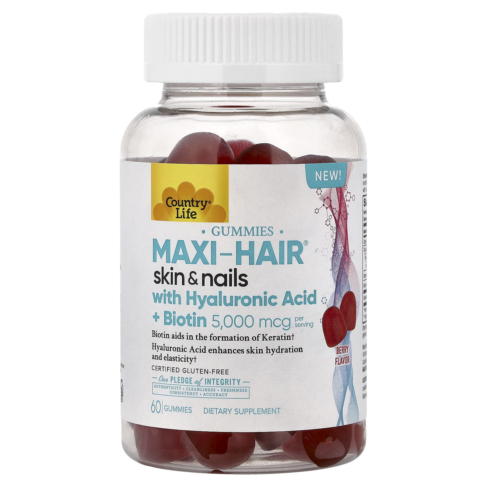 

Country Life, Maxi-Hair® Skin & Nail Gummies, Hyaluronic Acid + Biotin, with Berries, 60 Gummies