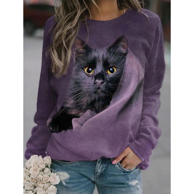 Round Neck 3D Cat Printed Top Casual Long Sleeved Women's T-shirts - Soft Medium Stretch Polyester Fabric Spring and Autumn Relaxed Fit Clothing