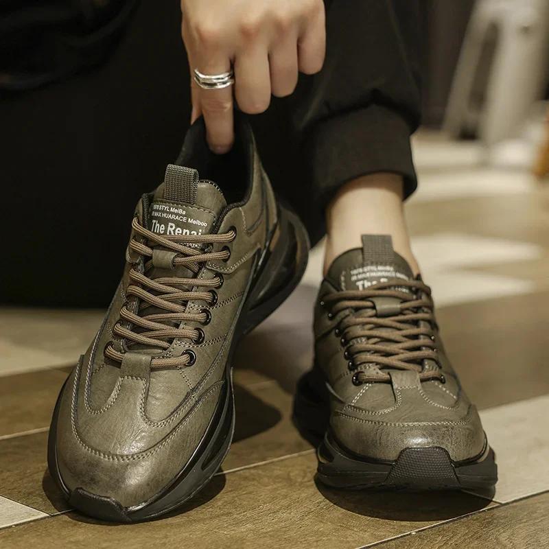 Fashion High Quality Men's Two-layer Cowhide Sports Sneakers Non-slip TPU Leather Breathable Running Shoe White Versatile Sports Shoes