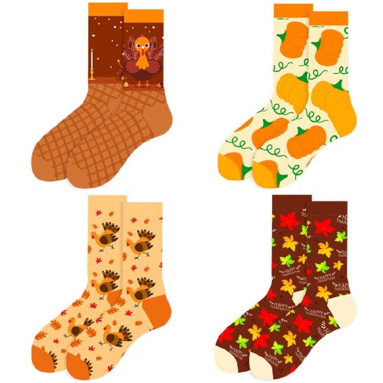 Women's Autumn Themed Socks with Thanksgiving Designs Maple Leaves Turkeys Pumpkin Prints Men's Cotton Crew Socks Gift