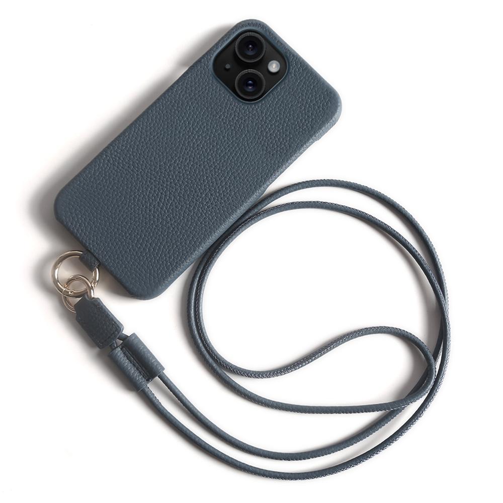 For iPhone 14 Case with Lanyard Genuine Cow Leather PC Phone Back Cover