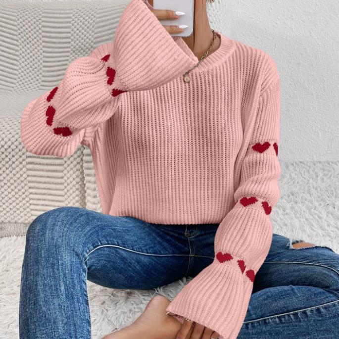 Autumn And Winter Women's Fashion Long Sleeve Loose Spring And Autumn Pullover Top Loose Love Jacquard Sweater