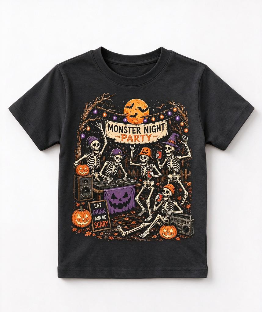 Halloween Kids Graphic Tee Skeleton Monster Night Party Print Boys Girls Casual Top