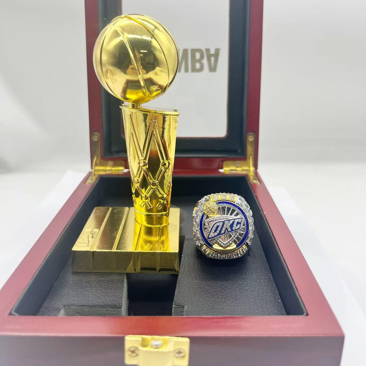 Oklahoma City Thunder 2025 Championship Ring & 12cm Basketball Trophy Gift Set Size 9
