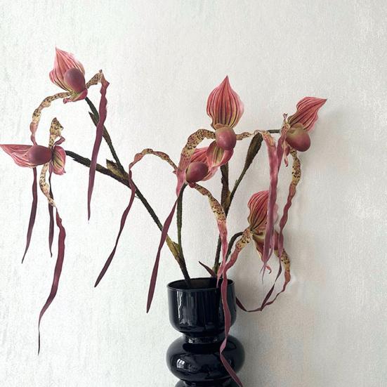 Artificial Flower Paphiopedilum Realistic Silk Plastic Petals Flexible Stems Long-Lasting No Watering Fake Orchid Home Decor