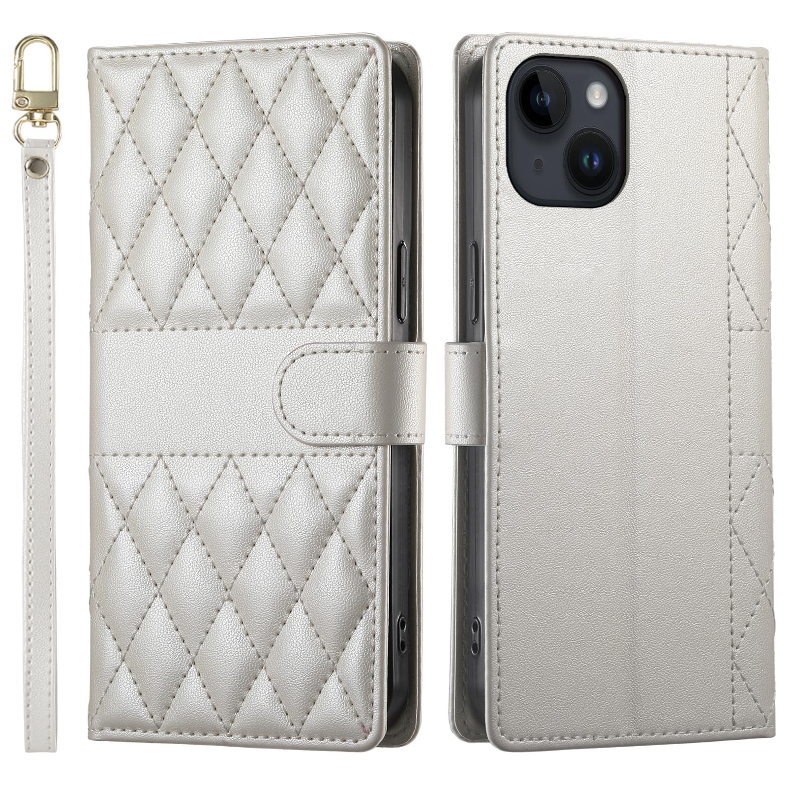 

For iPhone 14 Case Rhombus Stitching Wallet Stand Leather Phone Cover with Long/Short Strap Beige