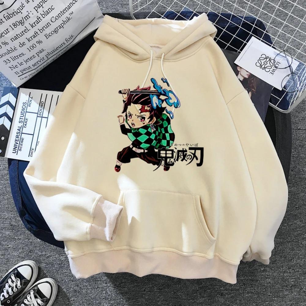 Japon Anime Demon Slayer Bayan Kapüşonlu Sweatshirt Japon 2000'ler Tarzı Y2k Günlük Kapüşonlu Sweatshirt Harajuku Çizgi Film Manga Haki Kazaklar