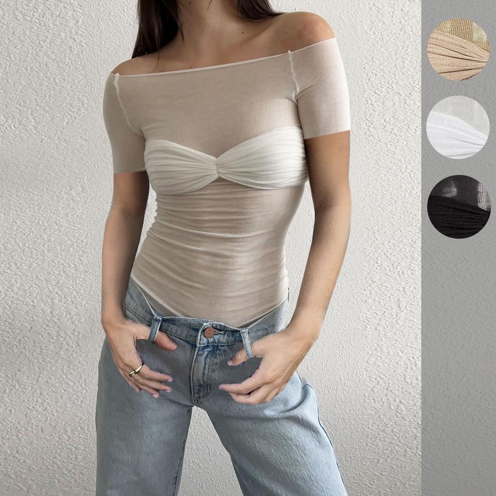 Women's One Neck Sheer Short Sleeve T-Shirt Top