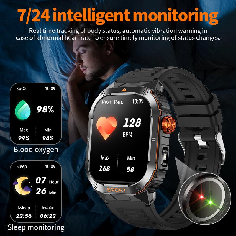 Military Flashlight Smart Watch Waterproof Heart Rate Fitness Sports Call Reminder Smartwatch For IOS Android Phone