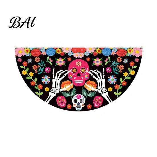 Sugar Skull Fan Flag Day of The Dead Bunting Banner, Marigold Print Fiesta Mexican Festival Home Ornament Hanging Flag, Colorful Outdoor Yard