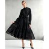 2026 Spring Summer Beaded Lace Patchwork Dress for Women Stand Collar Long Sleeve High Waist Belt Casual Vestidos Pleated Y2k