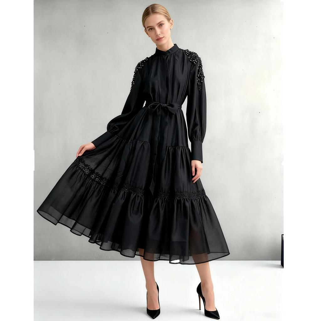 2026 Spring Summer Beaded Lace Patchwork Dress for Women Stand Collar Long Sleeve High Waist Belt Casual Vestidos Pleated Y2k