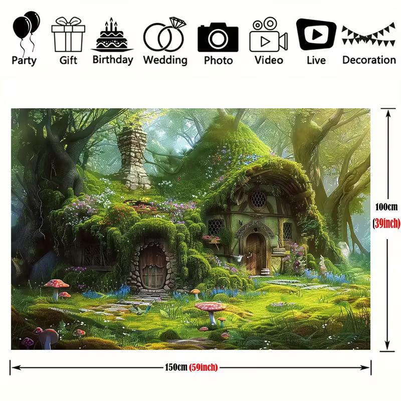 2D Enchanted Hobbit House Backdrop, Fairy Tale Forest Photography Background