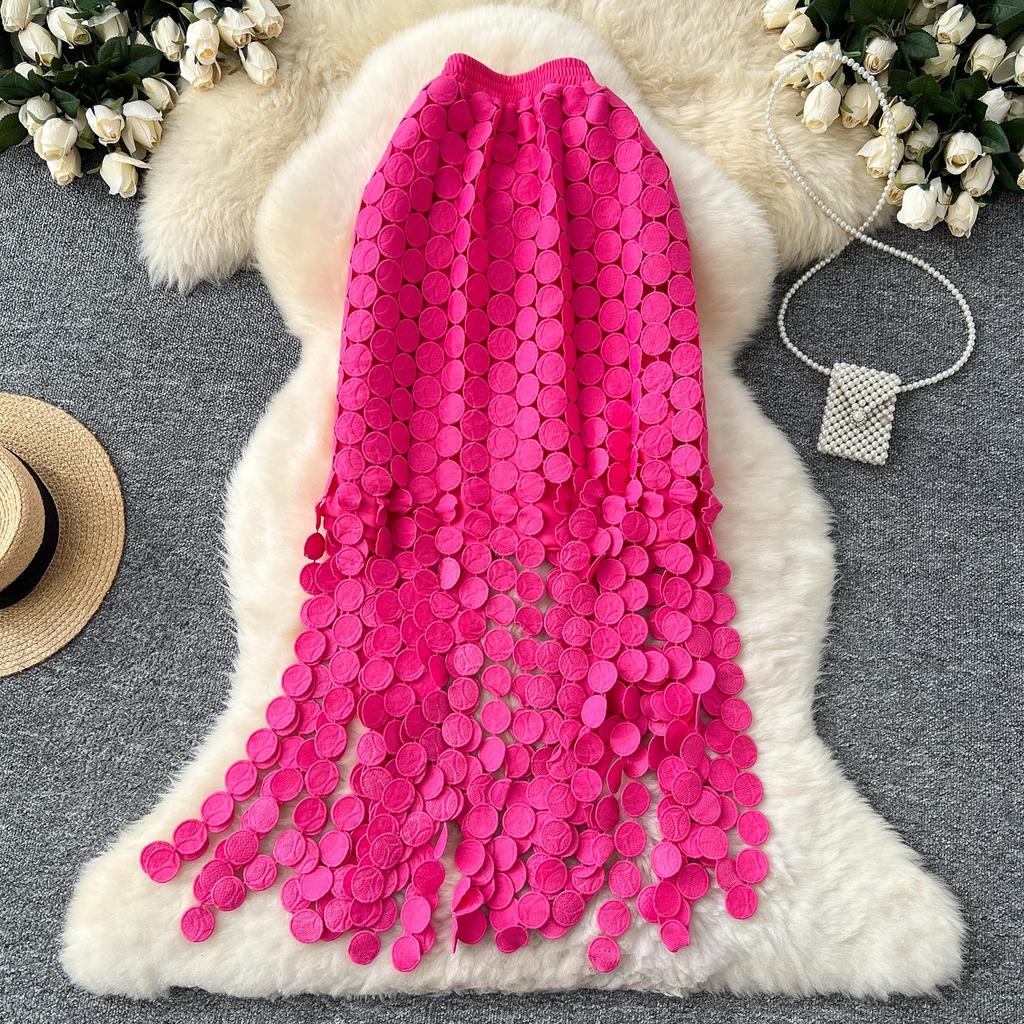 DIMANAF 2025 Neue Rock Frauen Stricken Spitze Lange Urlaub Solide Aushöhlen Sexy Dot Sommer Stil Lose Grundlegende Kleid