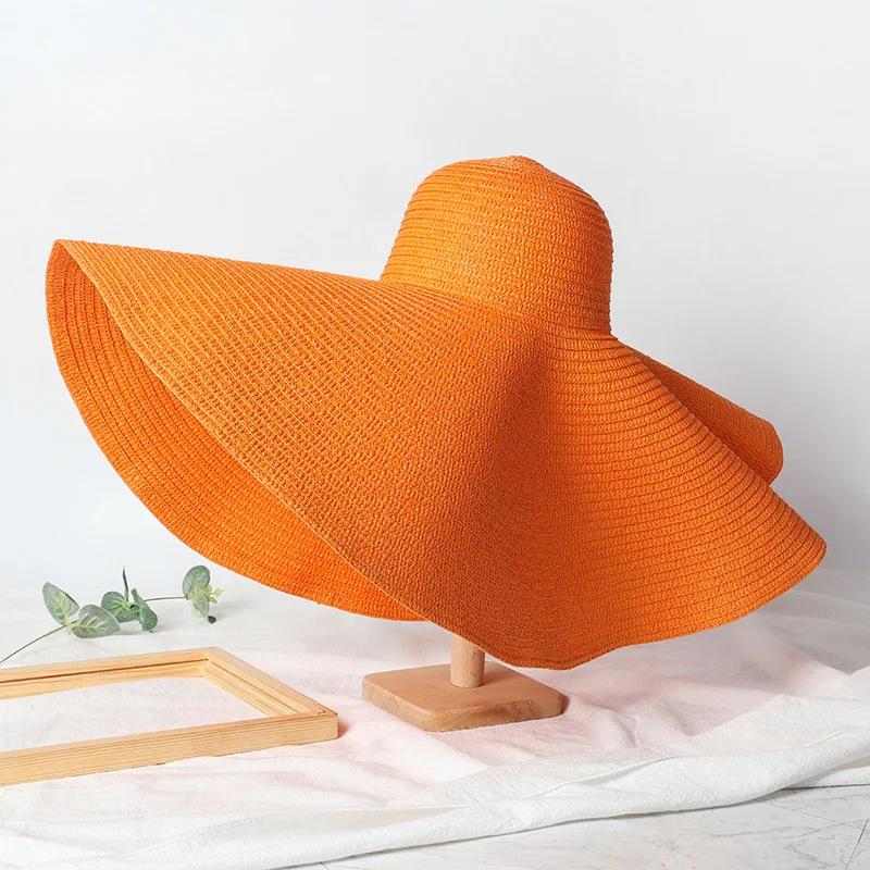 Oversize 25Cm Wide Brim Straw Hat Women'S Beach Cap Foldable Sunshade Protection Hat Ladies Sun Hats For Summer Girls