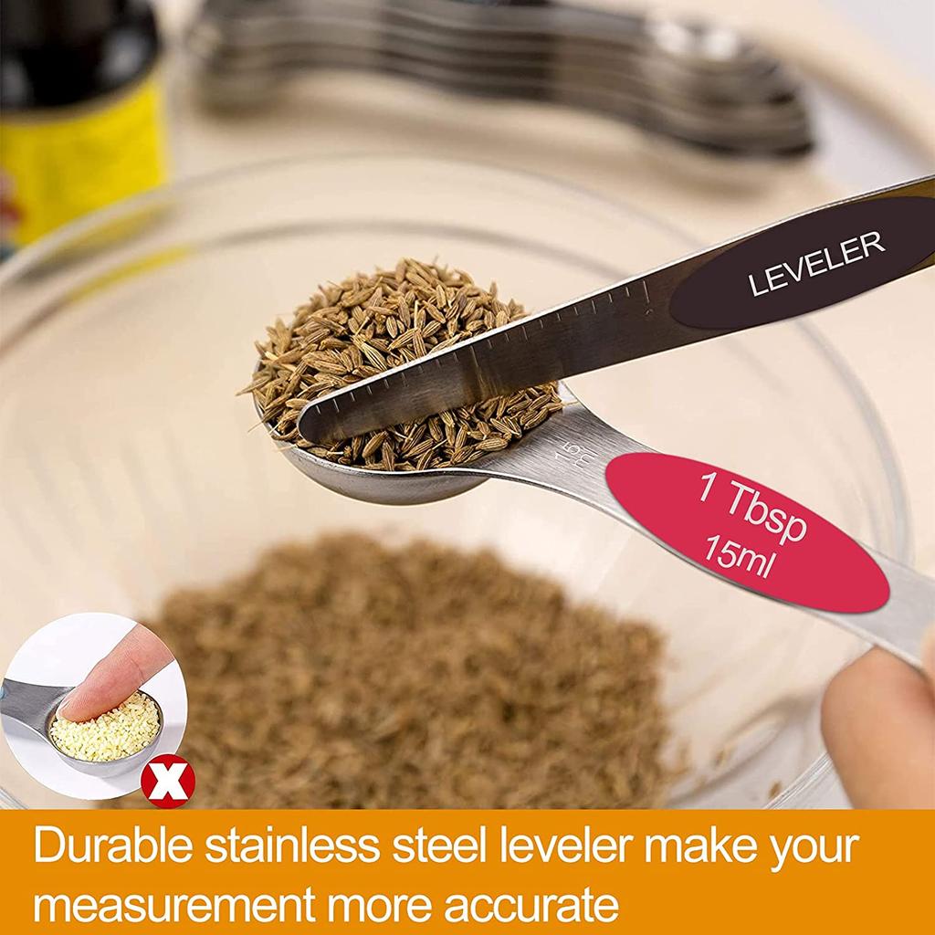 9pcs Stainless Steel Magnetic Measuring Spoons - Dual Sided for Liquid and Dry Ingredients - Fits In Spice Jars - Perfect for Measuring Accurately