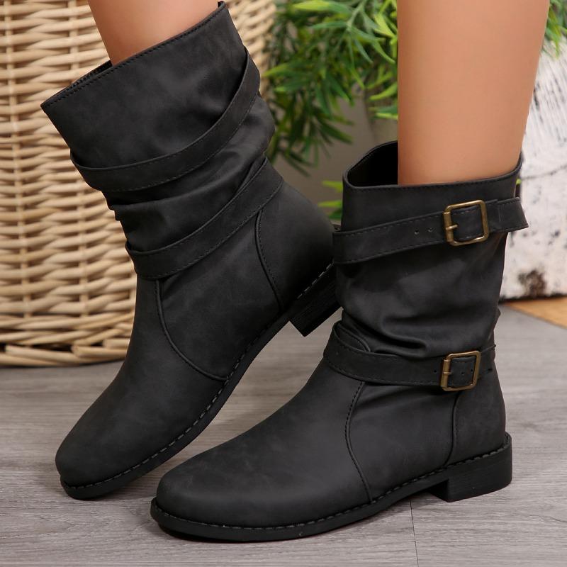 Belt Buckle Shoes, Round Toe Thick-soled Mid-calf Boots, Women's Flat Low-heeled Boots