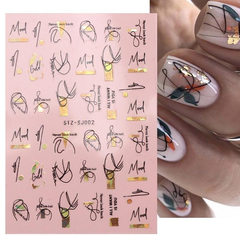 Graffiti Strips Nail Stickers for Women Nail Art Decorations Rose Gold Abstract Line Spring 3D Slider for Manicure Polish Tattoo