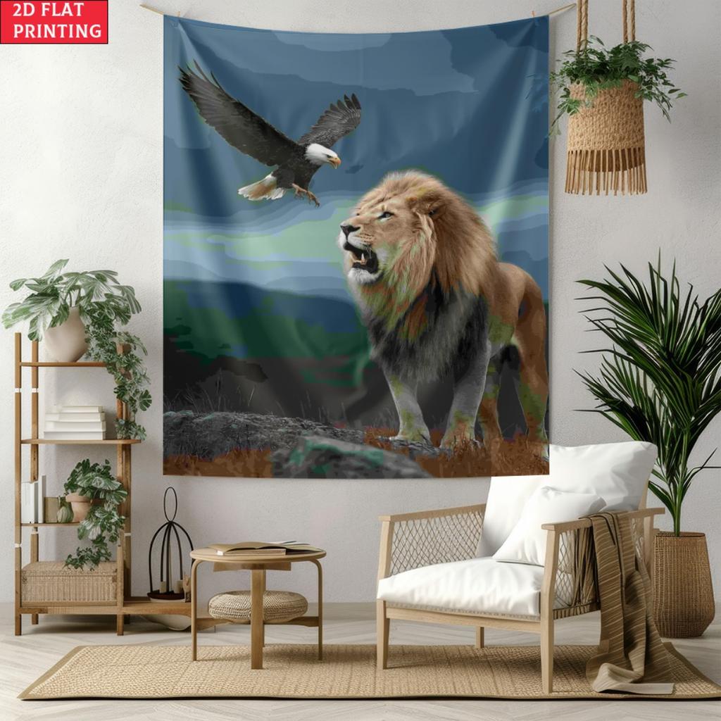 Lion and Eagle Tapestry Roaring Lion with Flying Bald Eagle Wall Hanging Wild Animal Room Decor suitable for use in offices bars