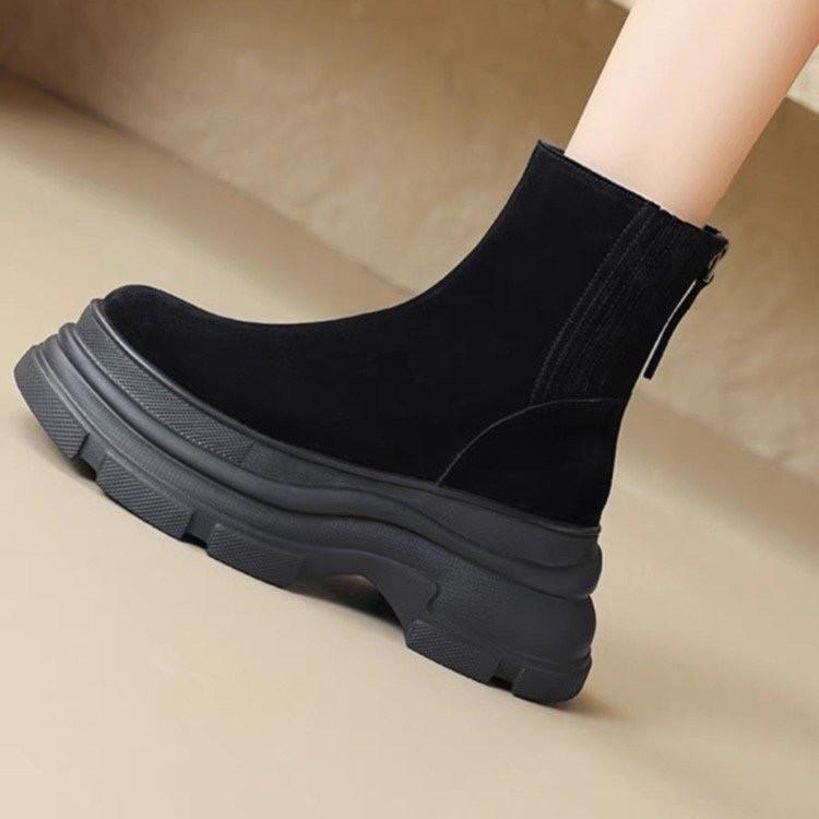 Thick-Soled Martin Boots Women'S Soft Leather Frosted Round-Toed Muffin Short Boots Winter High-Heeled Chimney Fashion Boots