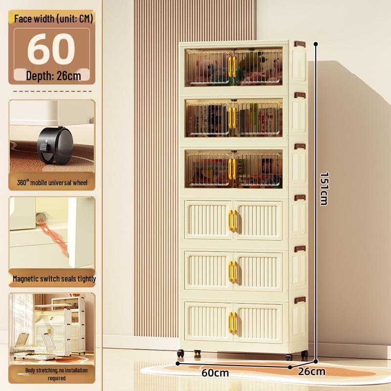 40-60cm Wide Transparent Foldable Double Door Floor Storage Cabinet with Multiple Layers