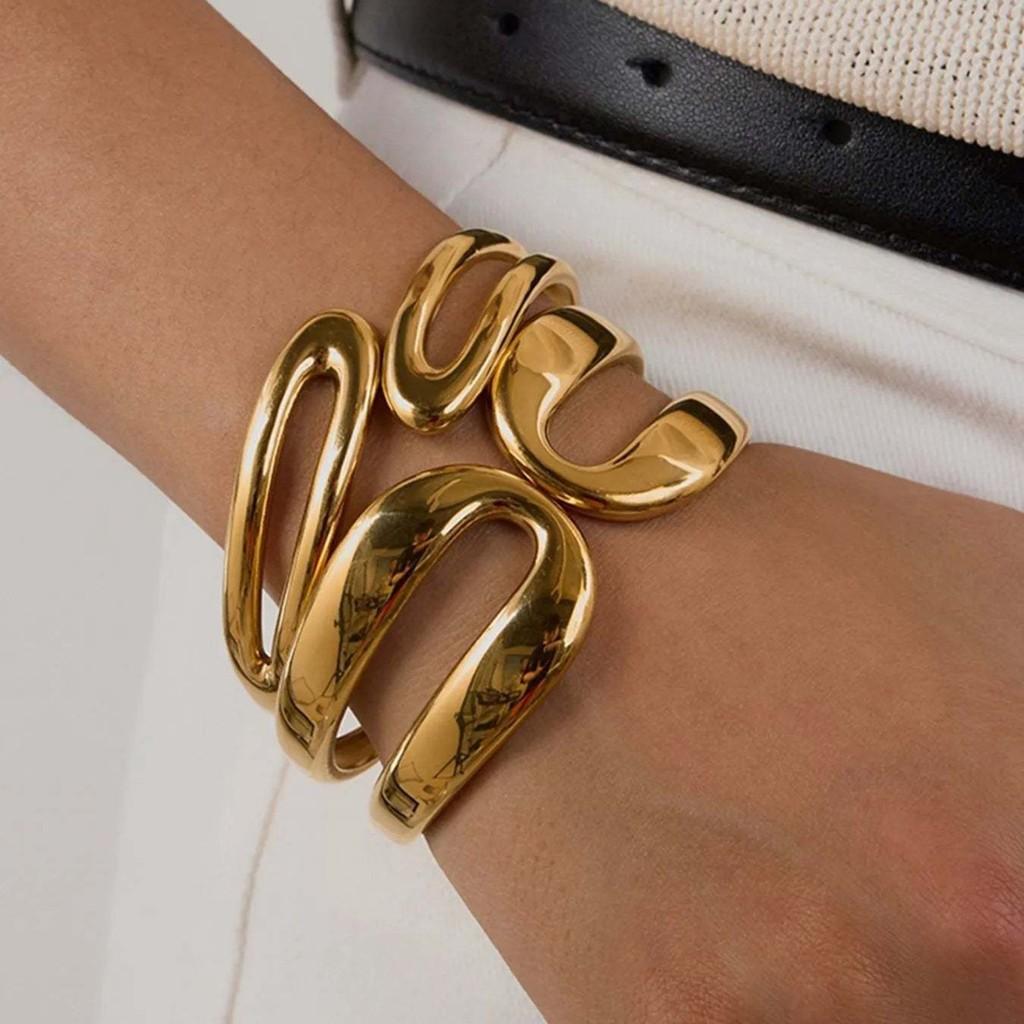 Bracciale Aperto in Acciaio Inossidabile per Donna Placcato Oro con Design Geometrico Estate