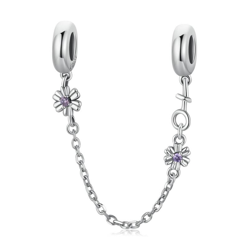 WOSTU 925 Silver Dreamy Purple Heart Charms Safety Chain Space Jewelry Beads Fit Original Bracelet DIY Bangle For Women