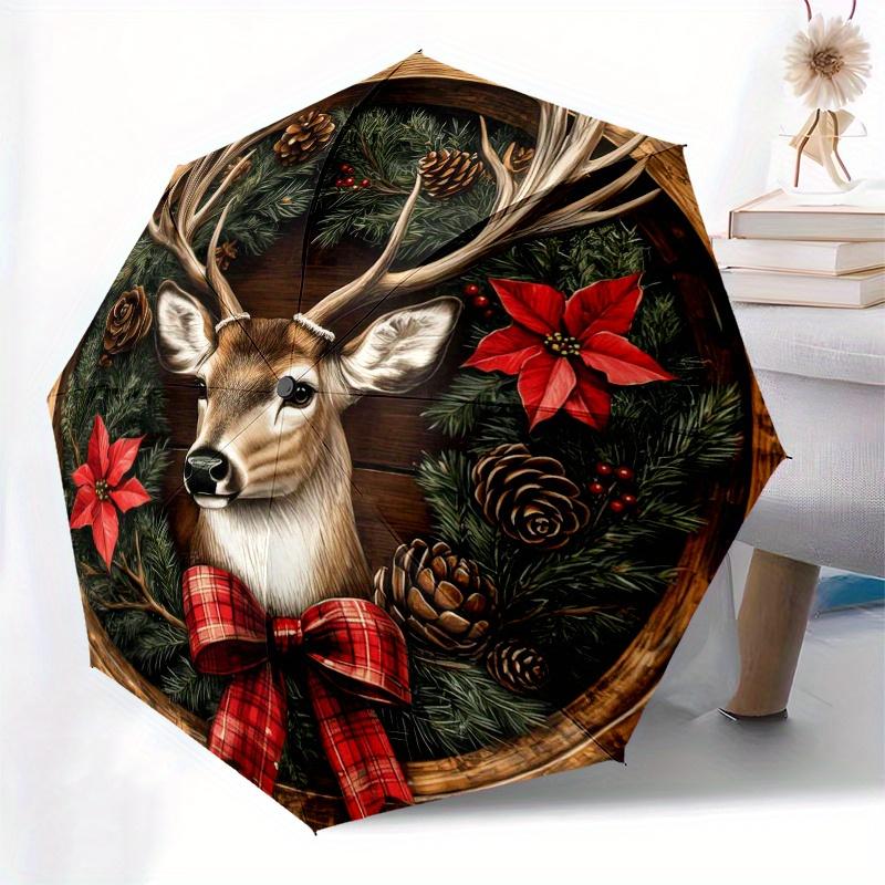 Christmas Deer Wreath with Poinsettias and PineconesUmbrellaPortable 3-Fold Compact Umbrella for Men & Women Gift