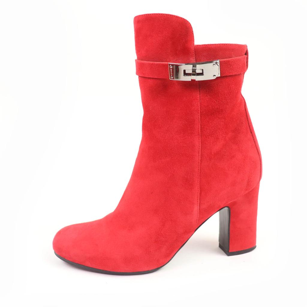 Hermes Short Boots JOUEUSE Kelly Metal Suede Leather Red Suede Leather 37.5 Used
