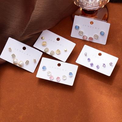 Simple And Exquisite Square Diamond-Set Pearl Stud Earrings, Colorful Opal Earrings Set, Daily Fashion Versatile Earrings For Women