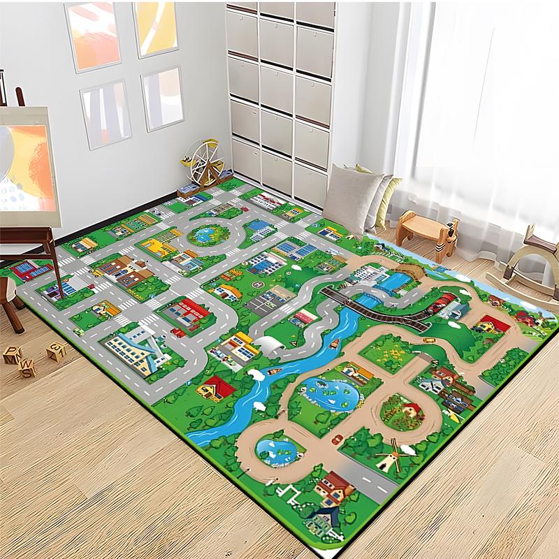 Kids Road Traffic Carpet Cartoon Car Toys Area Rug for Boys Girls City Life Educational Rugs Baby Room Bedroom Nursery Play Mat
