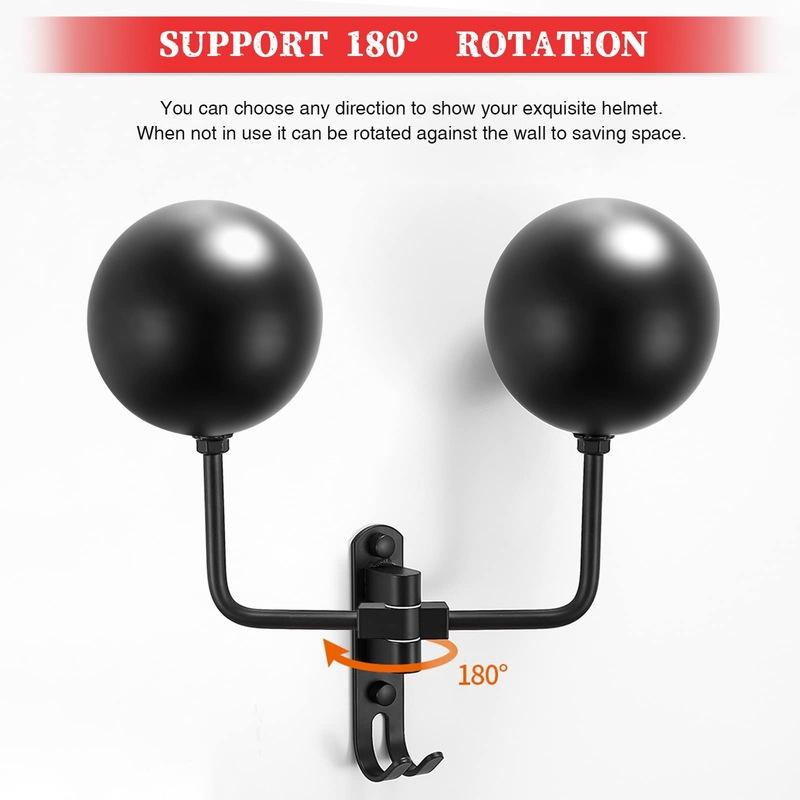 Motorcycle Helmet Wall Mount Holder - 180 Degree Rotating Rack with Hooks for Bike, Baseball, Cycling, Ski Helmets Storage